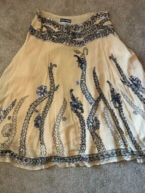Basil & Maude Beaded Cream and Blue Sequin Skirt size 6